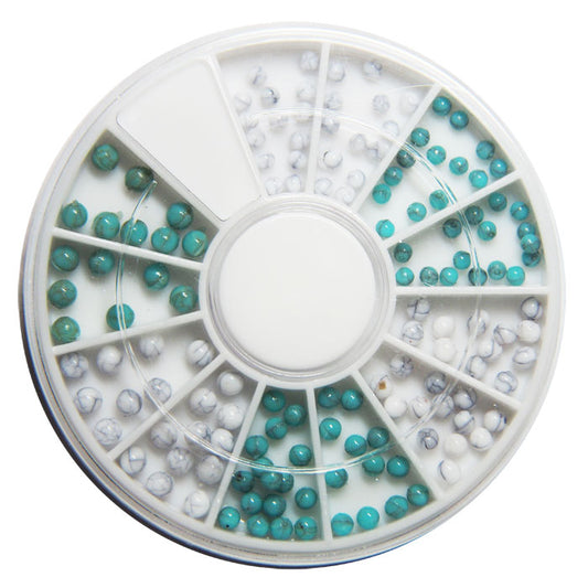 トルコ石風 球体ネイルストーン ターコイズブルー&ホワイトの2色 2種類の大きさ 回転スライドケース入り アソート