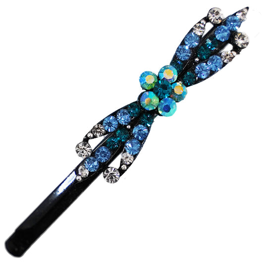 キラキラのラインストーンが綺麗なヘアピン 1本 ブルー ラインストーン リボン hp10022